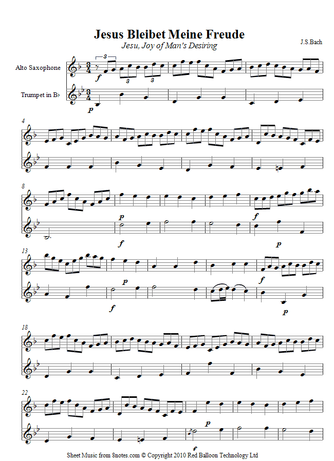 Bach - Jesu Joy of Mans Desiring sheet music for Trumpet-Saxophone Duet - 8notes.com