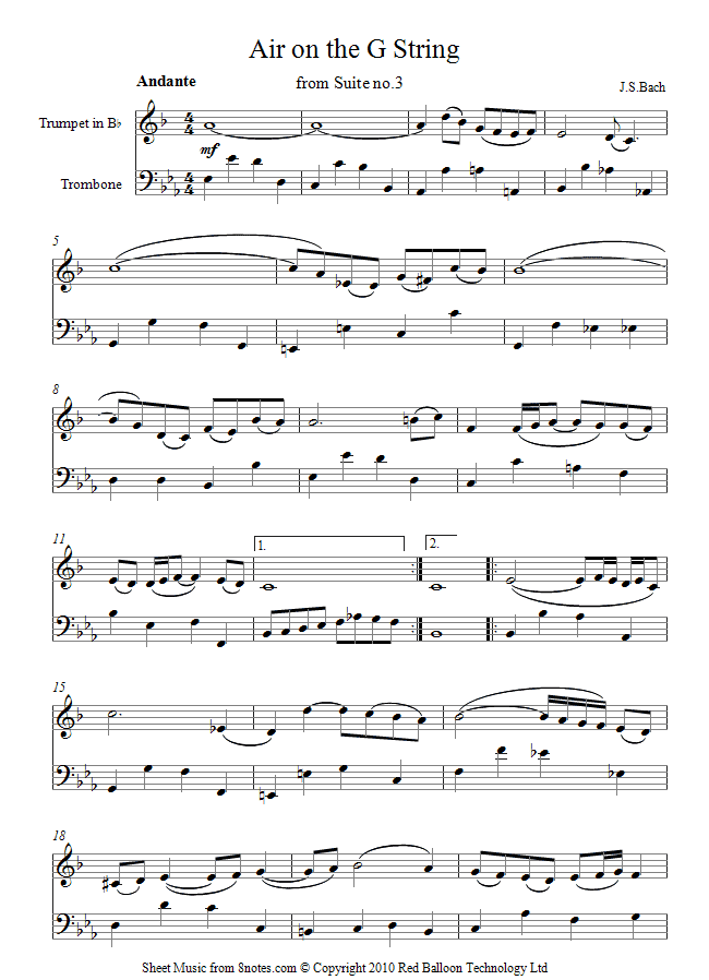 trumpet trombone duet bach air sheet music 8notes com trombone duet sheet music