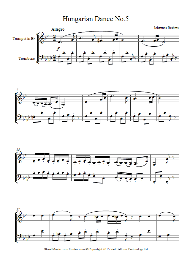 Brahms Hungarian Dance no.5 sheet music for TrumpetTrombone Duet