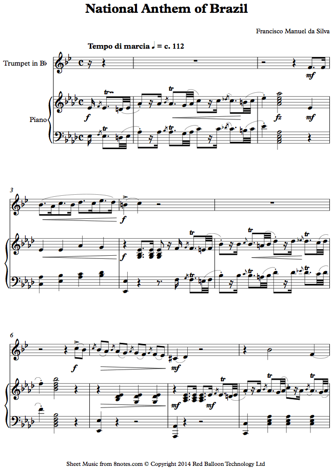 trumpet brazil nat anthemtpt sheet music 8notes com brazil sheet music