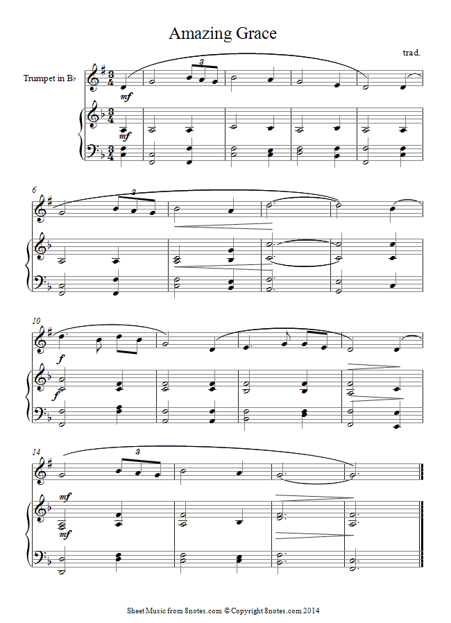 trumpet amazing grace sheet music - 8notes.com.