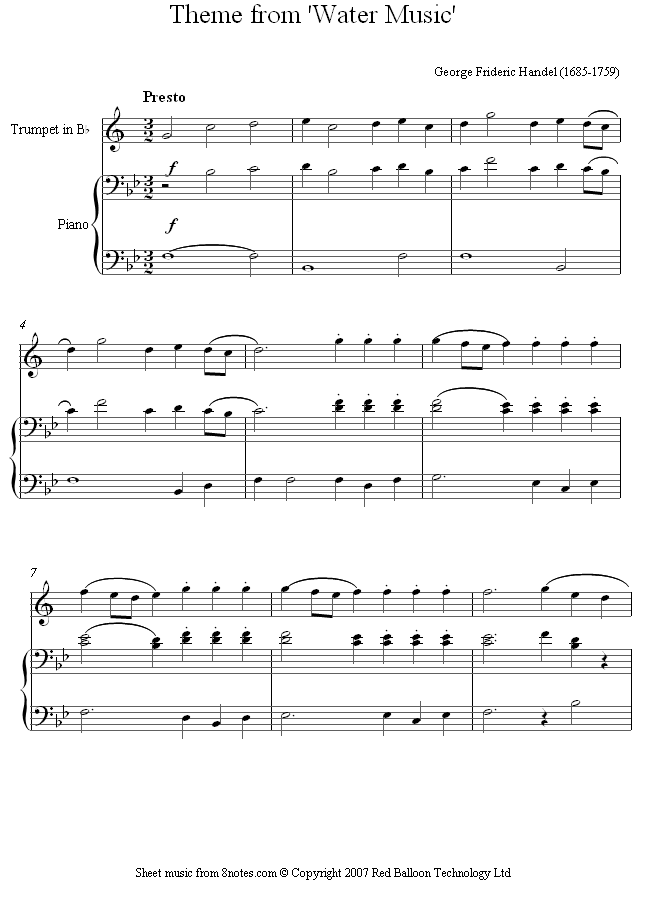 trumpet handel water music sheet music 8notes com handel water music sheet music