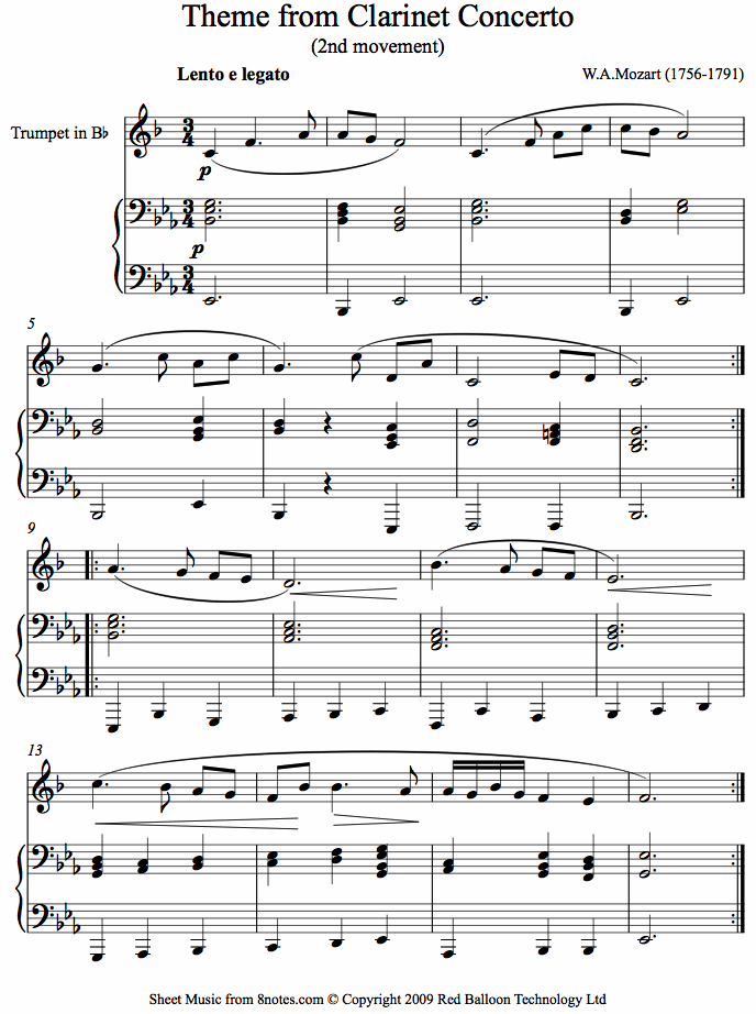 trumpet mozart clarinet concertotpt sheet music 8notes com mozart clarinet concerto sheet music