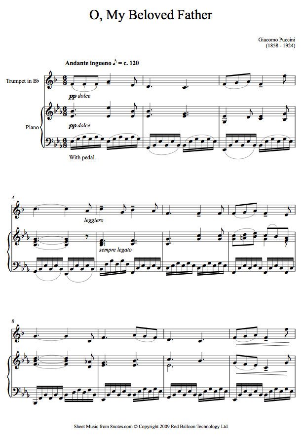 trumpet puccini beloved fathertpt sheet music 8notes com o my father sheet music