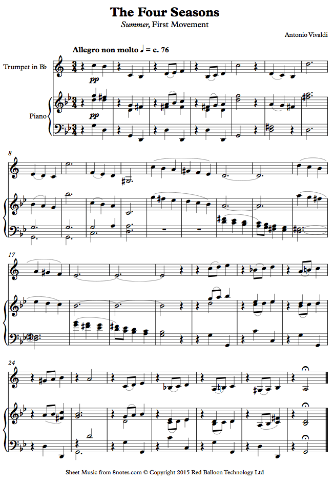 Vivaldi - The Four Seasons Summer, First Movement Theme sheet music for ...