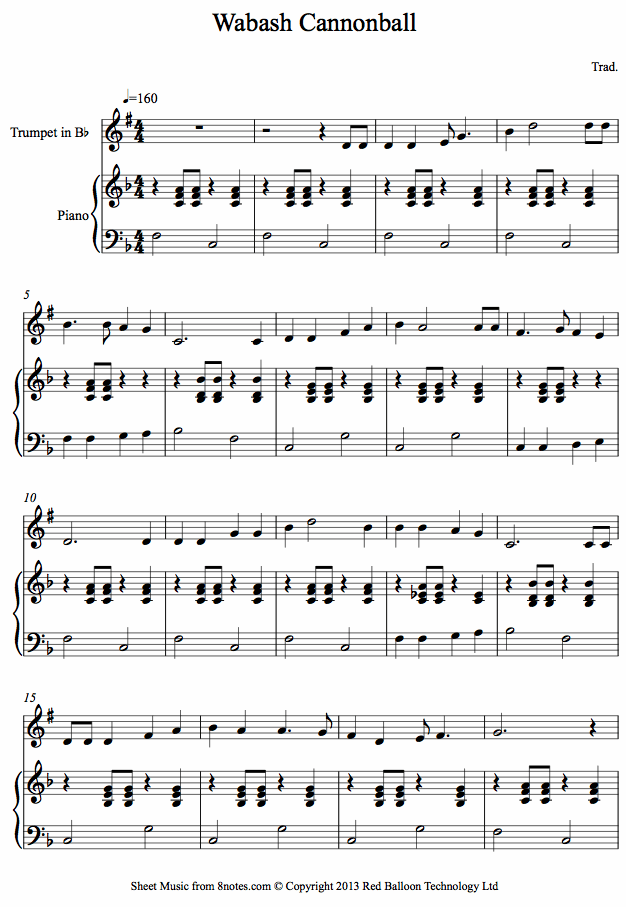 trumpet wabashtpt sheet music 8notes com wabash cannonball sheet music