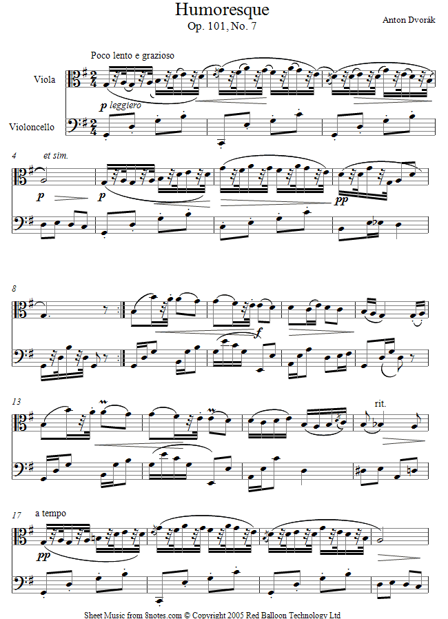 viola cello duet dvorak humoresque sheet music 8notes com dvorak humoresque sheet music
