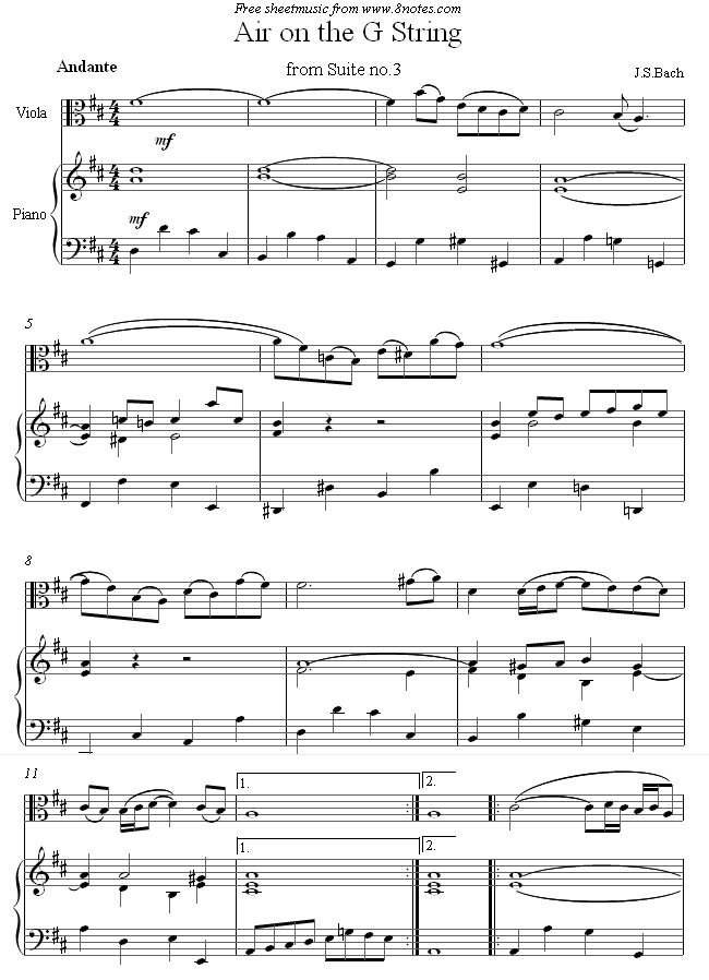 Bach - Air on the G string sheet music for Viola - 8notes.com