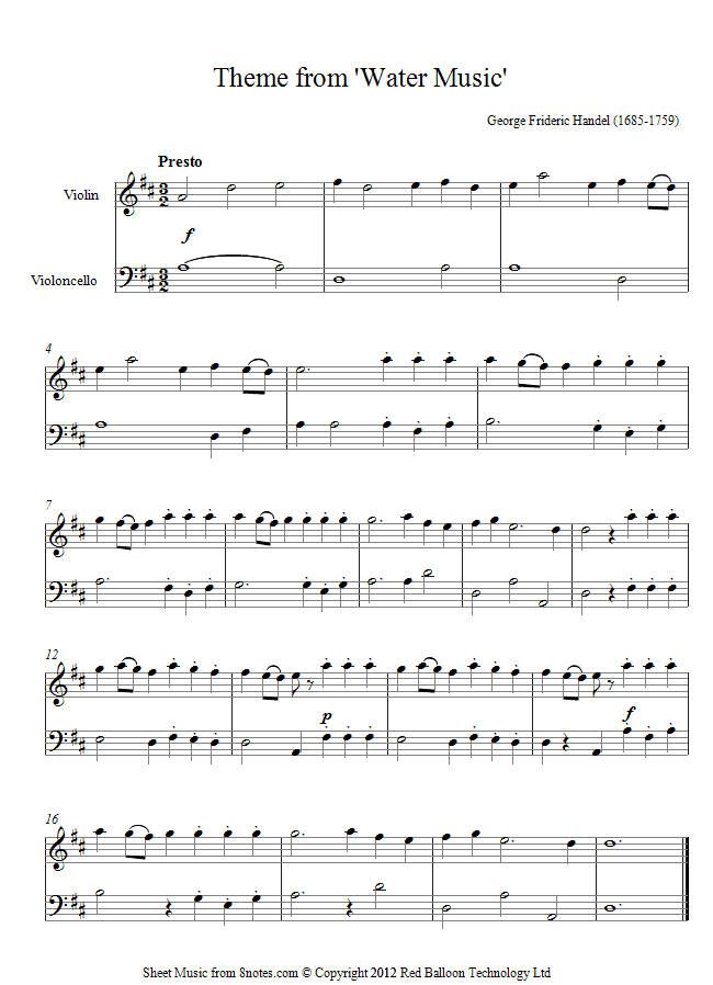 violin cello duet handel water music sheet music 8notes com handel water music sheet music
