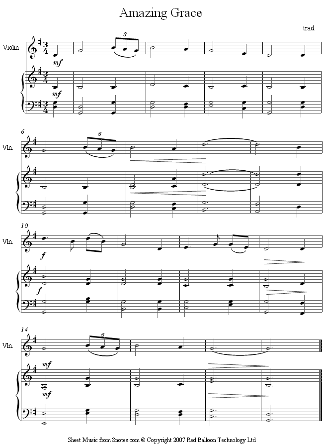 Amazing Grace sheet music for Violin - 8notes.com