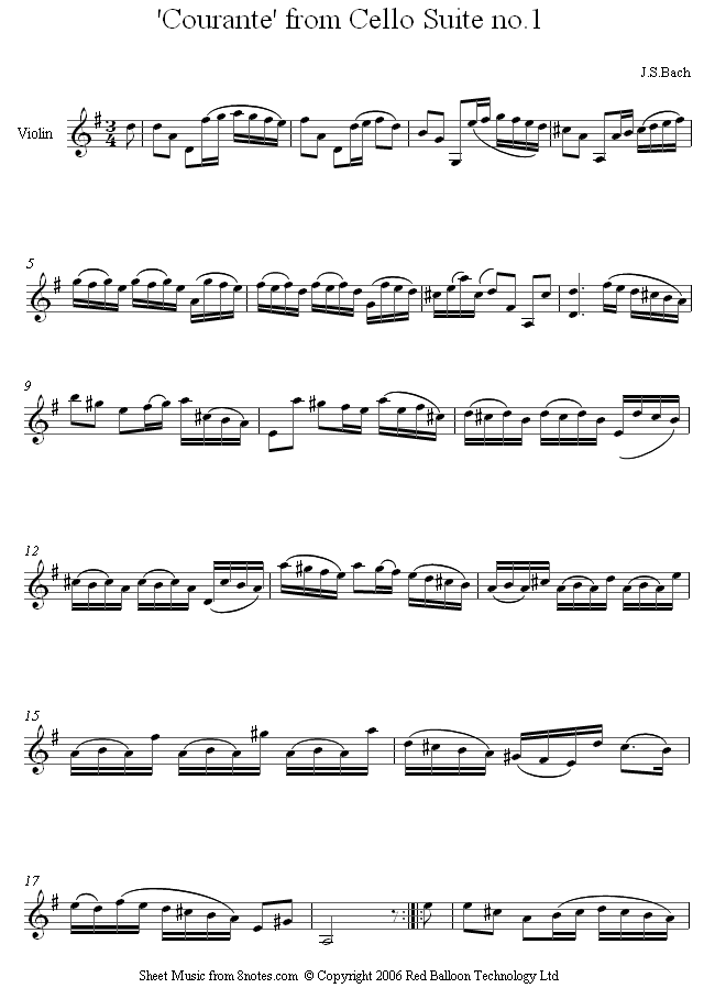 Bach - Courante from Cello Suite no.1 sheet music for Violin - 8notes.com