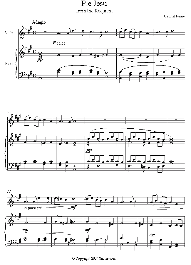 violin faure pie jesu sheet music 8notes com pie jesu sheet music free
