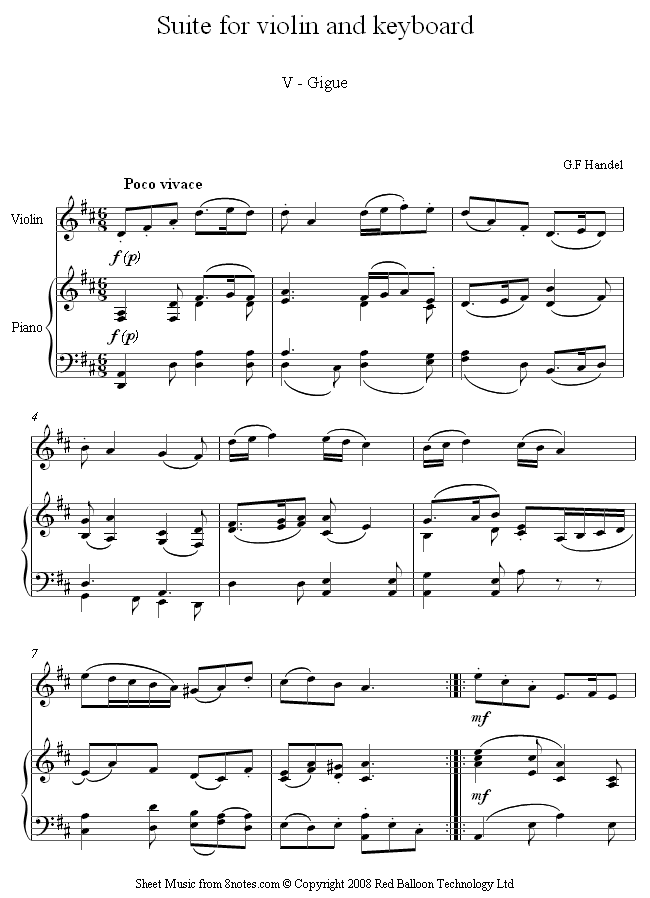 violin handel suite gig sheet music 8notes com handel sheet music