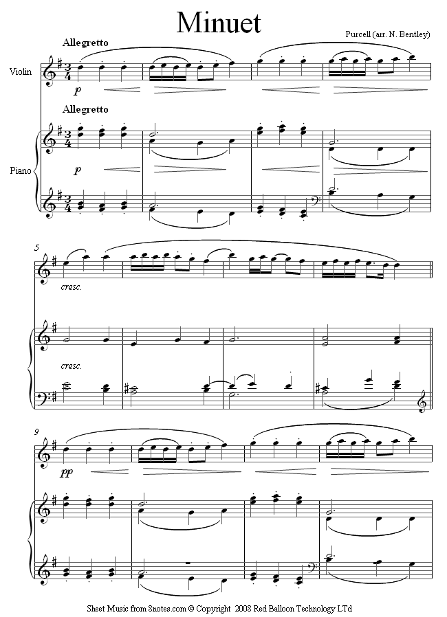 Purcell - Minuet sheet music for Violin - 8notes.com