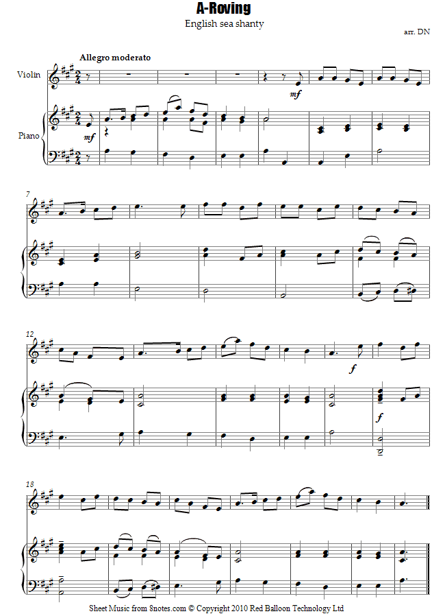violin roving sheet music 8notes com sea shanties sheet music