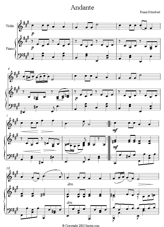 violin schubert andante sheet music 8notes com schubert sheet music