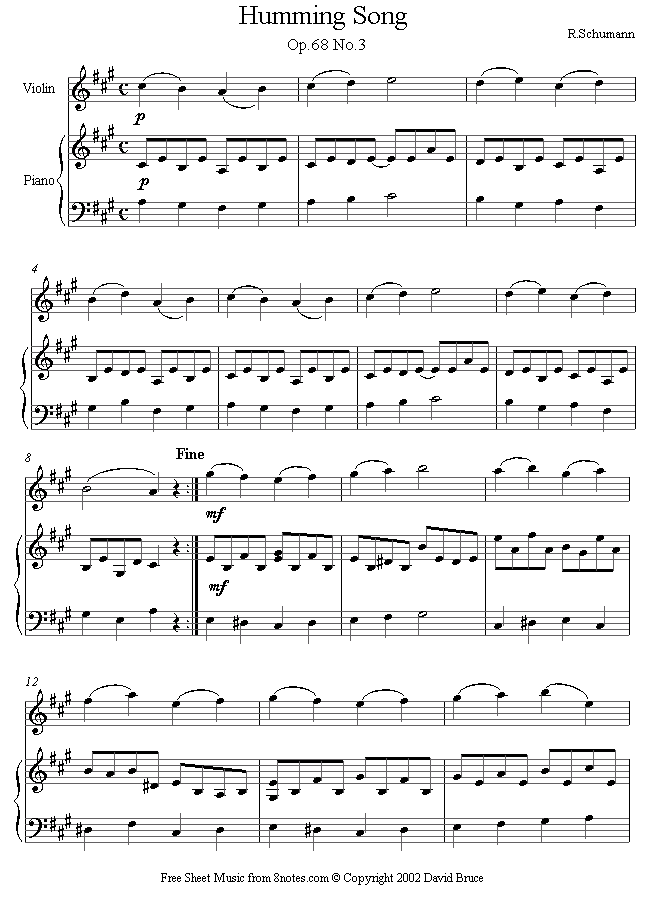 Song song sheet music : violin schumann humming song sheet music - 8notes.com