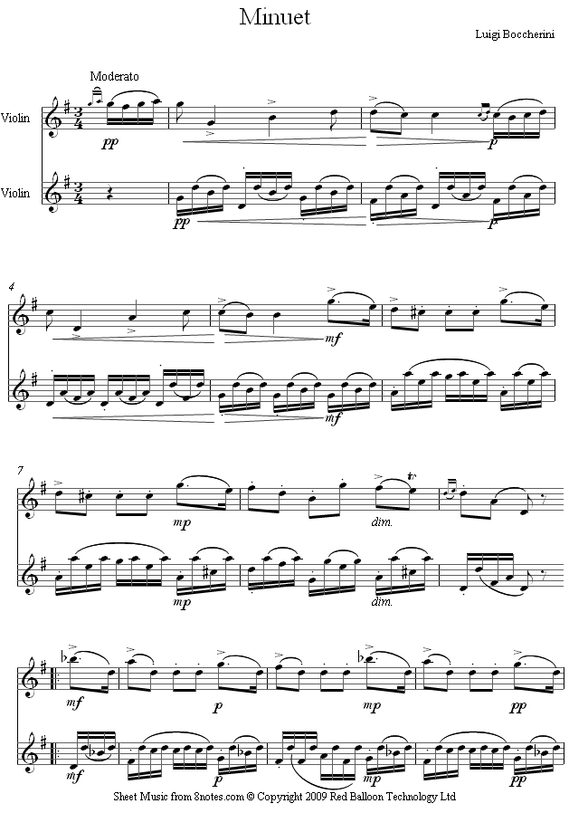 Boccherini - Minuet and Trio sheet music for Violin Duet - 8notes.com
