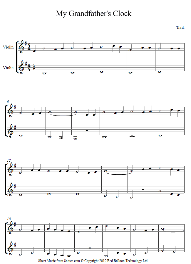 violin duet grandfather sheet music 8notes com grandfather s clock sheet music