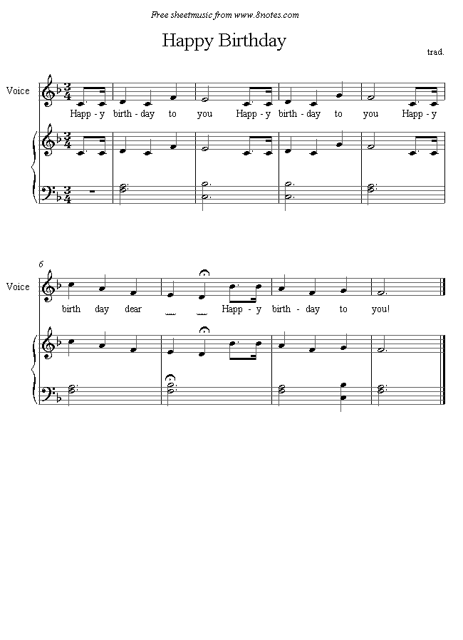 voice happy birthday sheet music - 8notes.com.