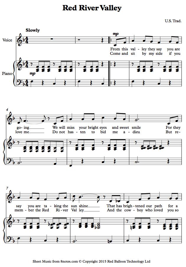 voice red river valleyvoice sheet music 8notes com red river valley piano sheet music